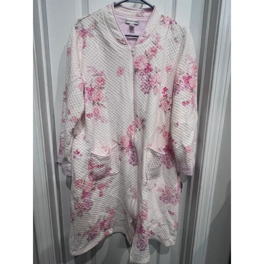 Miss Elaine Women’s Medium Pink Floral Quilted Zip-Front Duster Robe